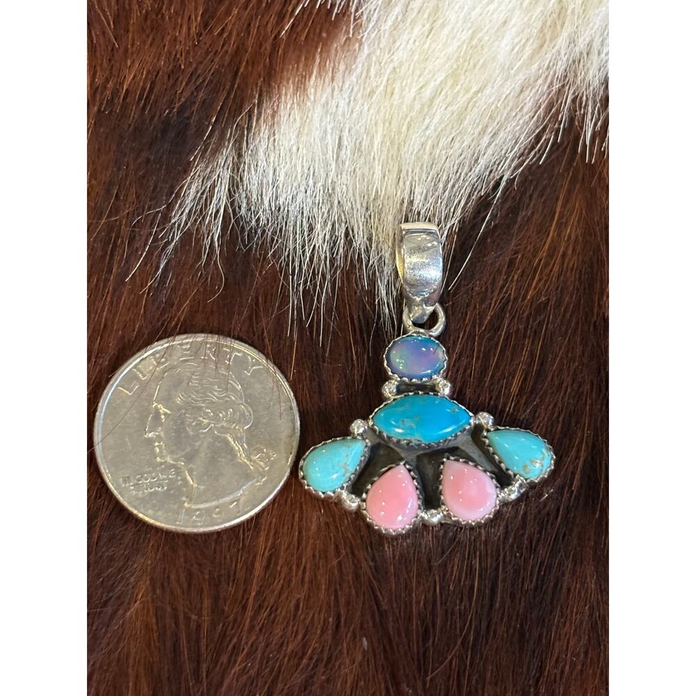 Kingman Turquoise Blue Opal & Pink Conch Pendant 925 Silver - Picture 6 of 6